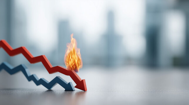 Economic Downturn:  A visual metaphor of economic challenges as red and blue arrows plunge downwards, one consumed by flames, symbolizing financial crisis. 