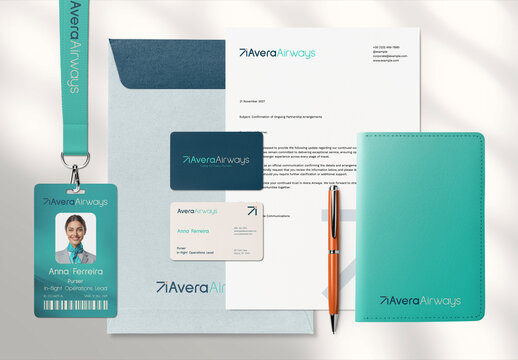Professional Airline Branding Materials Flat Lay Mockup PSD