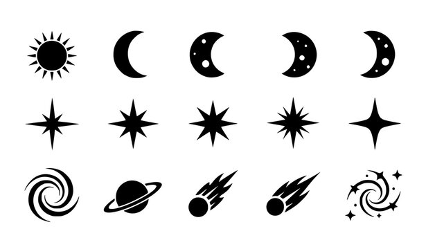 Black celestial icons set sun moon stars planets vector illustration isolated on white