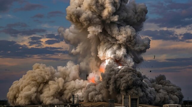 Large smoke cloud from industrial explosion with flames