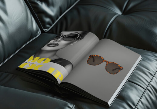 Stylish Magazine Mockup On Leather Couch PSD