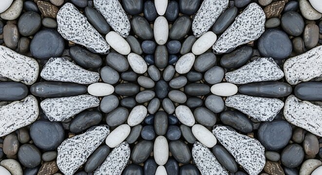 Symmetrical Zen Mandala Pattern Composed of Smooth Black and White River Pebbles and Stones
