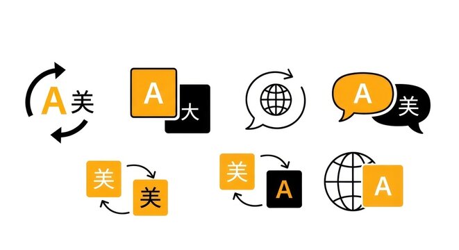 The illustrations show translation symbols and icons revolving around globe.