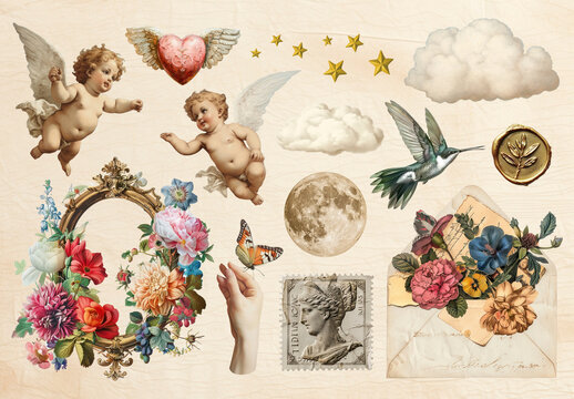 Vintage  CollageWith Cherubs And Flowers Element Set