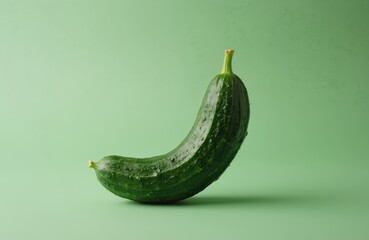 Naklejka premium Single bent organic cucumber rests on pastel green backdrop. Its unusual shape highlights imperfect produce. Fresh water droplets cling to bumpy skin. Food waste awareness concept for healthy eating.