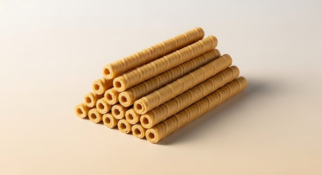 Golden Wafer Rolls Stacked in Pyramid Shape on Soft Beige Background. canudo  
