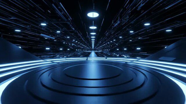 Futuristic interior with glowing blue lights.