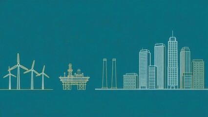 Fototapeta premium Energy transition concept renewable wind turbines oil rig platform industrial smokestacks modern city skyline sustainable development vector line art urban infrastructure power