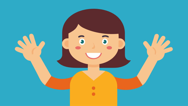 Cartoon woman with brown hair wearing an orange and yellow shirt raising both open hands with a smile on a medium blue background.