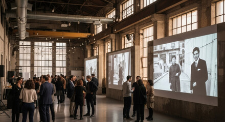 People Gathering in Industrial Loft with Large Screen Displays and Windows