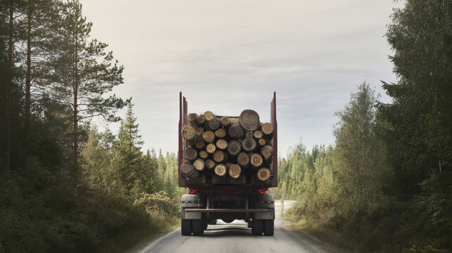 Rear view of a heavy timber truck loaded with logs driving on a rural forest road.