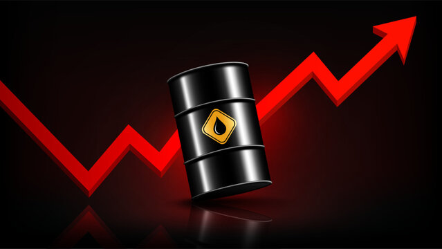 3D black oil barrel with a sharp red rising arrow graph on dark background, representing global oil price shock and energy crisis, vector illustration