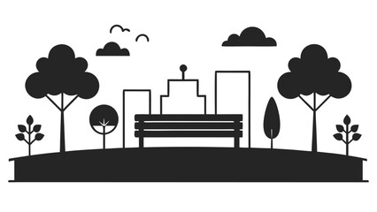 Naklejka premium Detailed black silhouette of an urban park with a large wooden bench and building skyline on a curved ground against a white background.