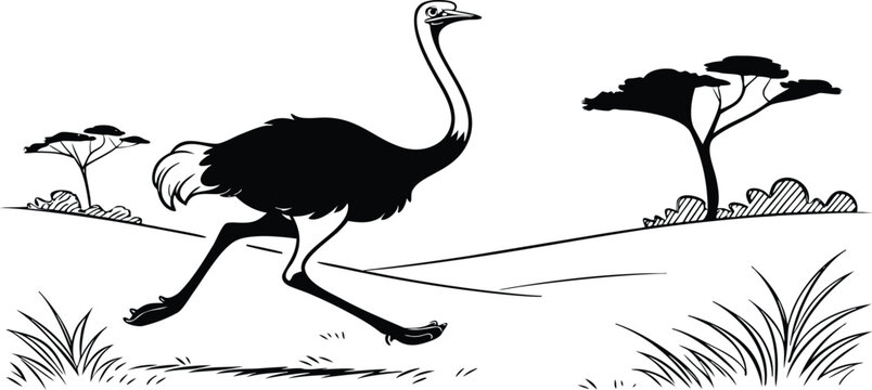 A black and white line art illustration of a large ostrich running through the african savanna