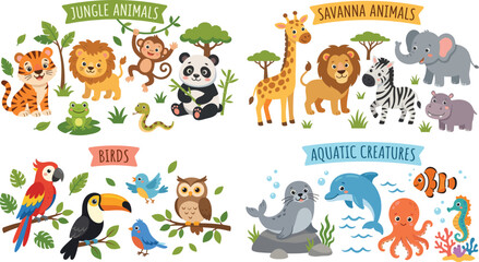 Fototapeta premium Cute Cartoon Animal Vector Set Featuring Jungle, Savanna, Birds, and Aquatic Sea Creatures for Children's Educational Books, Nursery Wall Art, and Sticker Designs