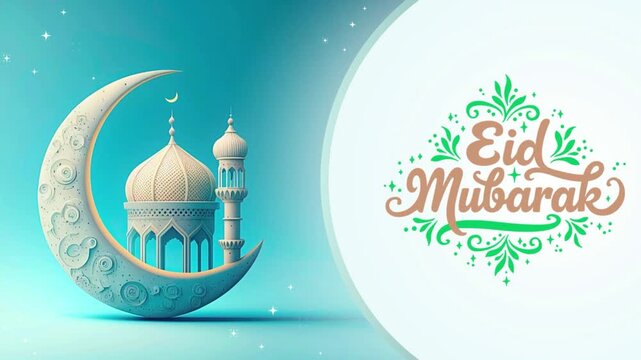 Modern 3D Eid Mubarak Greeting with Mosque and Crescent Moon on Teal Background