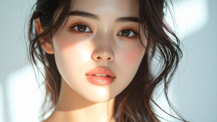Fototapeta premium 自然光で輝く美肌の日本人女性クローズアップ