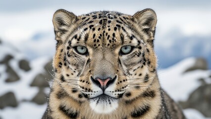 Fototapeta premium Snow Leopard Face Portrait in Winter Landscape