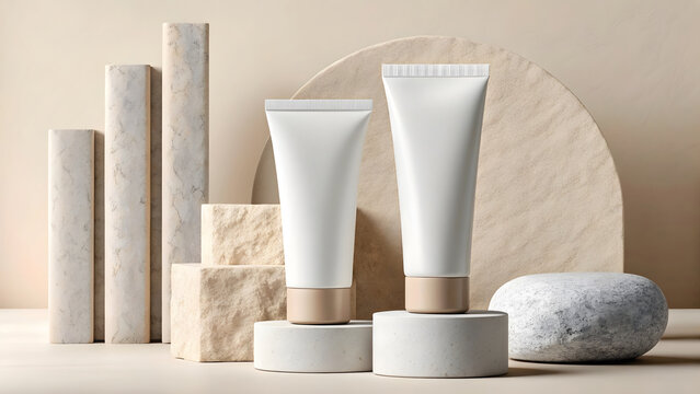Two white skincare tubes on round bases with stone and marble background