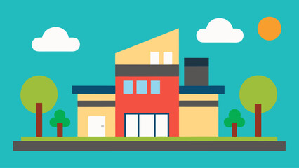 Fototapeta premium A modern residential building with a slanted yellow roof and a central red facade stands on a grey base flanked by green trees and bushes.