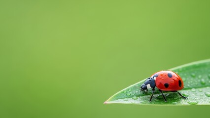 Fototapeta premium Ladybug with Water Drops on Green Leaf Tip