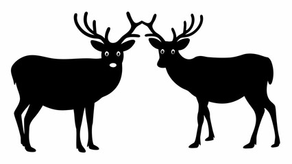Fototapeta premium Two deer with big antlers face each other in a striking black silhouette against a white background