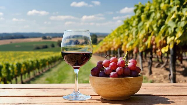 Glass of red wine and fresh grapes in vineyard with sunny countryside background