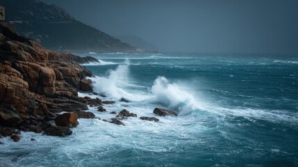Obraz premium Crashing ocean waves against rugged rocky coastline under stormy skies image