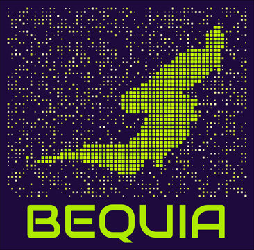 Bequia dots map. St. Vincent. Digital style shape of the island. Bequia map and title lime colored square dots with round corners. Amazing Vector Illustration.
