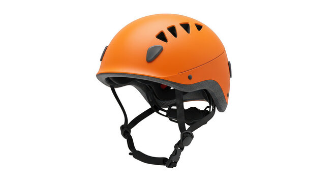 Bright orange climbing helmet with black straps and ventilation holes isolated on transparent background