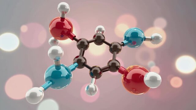 3D molecular model of organic compound with atoms and bonds on soft pink background