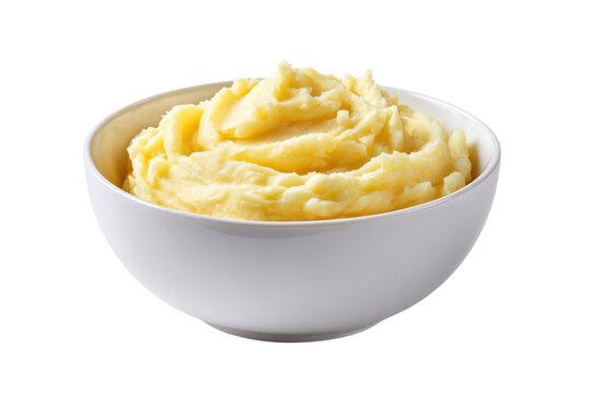 Creamy mashed potatoes piled high in a white bowl against a black background image, Isolated On Transparent Background, Png Cut Out