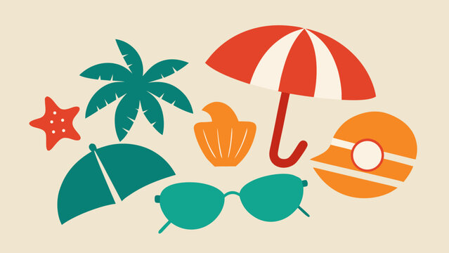 A collection of seven flat summer beach icons including umbrellas, palm leaves, a starfish, and sunglasses is scattered across a beige background.