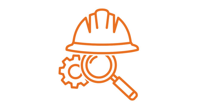 Orange hard hat with magnifying glass.
