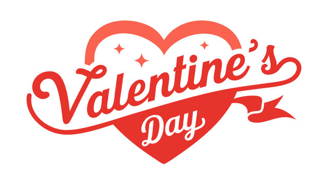 Red Valentine's Day logo featuring a large heart outline with internal sparkles and slanted lettering with a notched ribbon banner tail in vector.