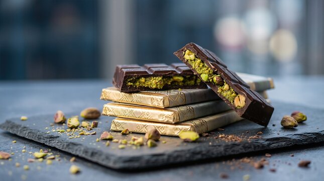 Dark chocolate bars with pistachio filling stacked on slate surface, showcasing rich textures and vibrant colors, perfect for gourmet dessert lovers and culinary enthusiasts