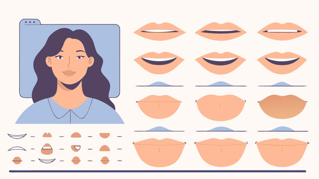 A female character with purple hair and a blue shirt is next to large array of mouth shapes and animation components on a pale background.