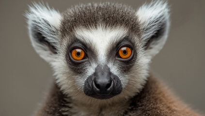 Fototapeta premium Ring tailed lemur close up portrait with vivid orange eyes and soft fur