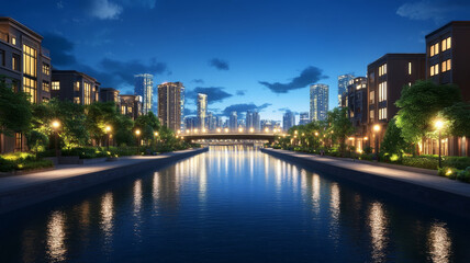 Fototapeta premium Riverfront cityscape, modern building, night, illuminated, reflection, serene atmosphere