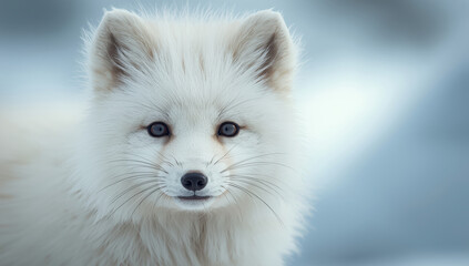 Fototapeta premium Arctic fox portrait with soft white fur and blue eyes in snowy landscape