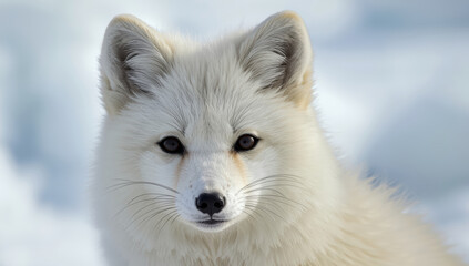 Fototapeta premium Arctic fox close up portrait with soft white fur and calm expression in snow