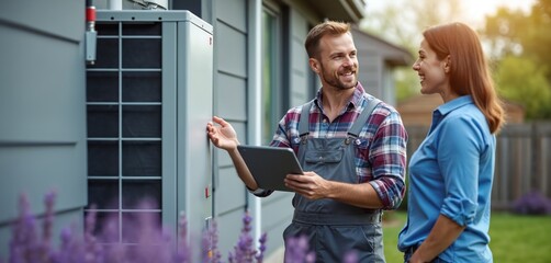 Fototapeta na wymiar Technician shows homeowner tablet data near heat pump. They discuss system operation and maintenance. Home energy efficiency improvement consultation.
