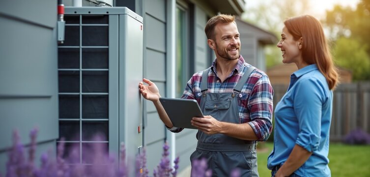 Technician shows homeowner tablet data near heat pump. They discuss system operation and maintenance. Home energy efficiency improvement consultation.