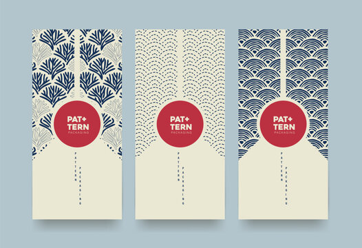 Japanese packaging background featuring traditional indigo patterns and cultural motifs in cream and navy tones for heritage branding and premium print