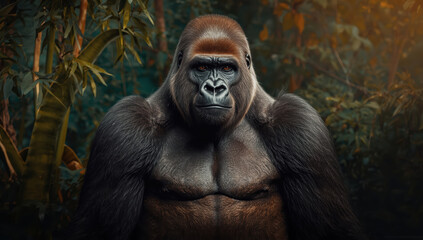 Obraz premium Majestic adult gorilla portrait in tropical forest with golden light