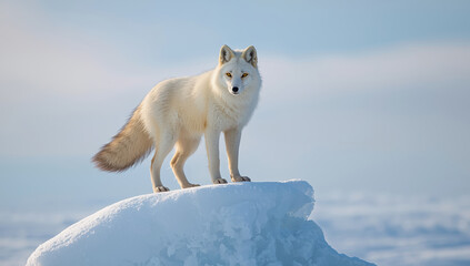 Fototapeta premium Arctic fox standing on snow ledge in soft cold light, serene and alert