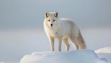 Fototapeta premium Arctic fox standing on snow with calm gaze and soft winter light