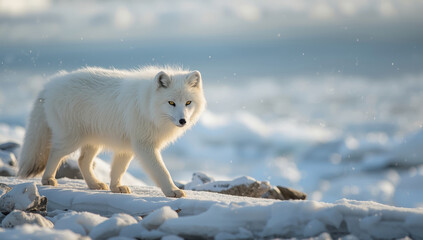 Fototapeta premium Arctic fox walking on snowy coast with soft backlight and falling snow