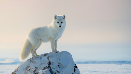 Fototapeta premium Arctic fox standing on snow covered rock at sunrise with soft pastel sky