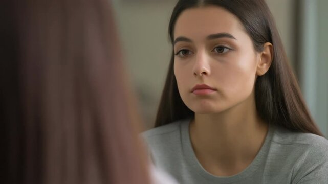 A young woman with long brown hair looks into a mirror. She gazes intently with a thoughtful expression. Her face is in focus